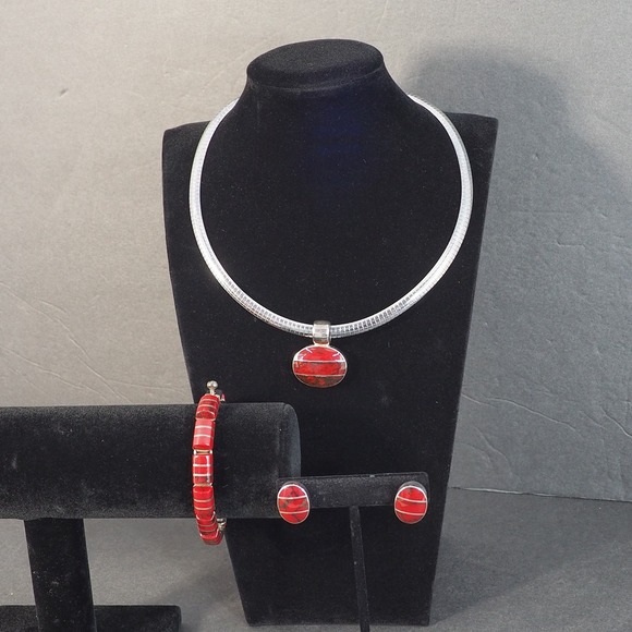 Mexico 925 Sterling Silver Red Jasper Inlay Omega Necklace Bracelet Earrings Set - Picture 2 of 16